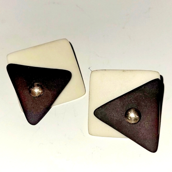Ceramic Geometric Black & Ivory w/Brushed Silver Stud Earrings, Handmade - Picture 3 of 6